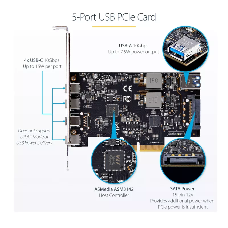 StarTech.com 5 portu USB PCIe karte, USB 3.2 10 Gb/s, PCI Express karte ar 4x USB-C portiem, 1x USB-A iekšējo portu, USB PCIe kontrollera karte, Windows/macOS/Linux