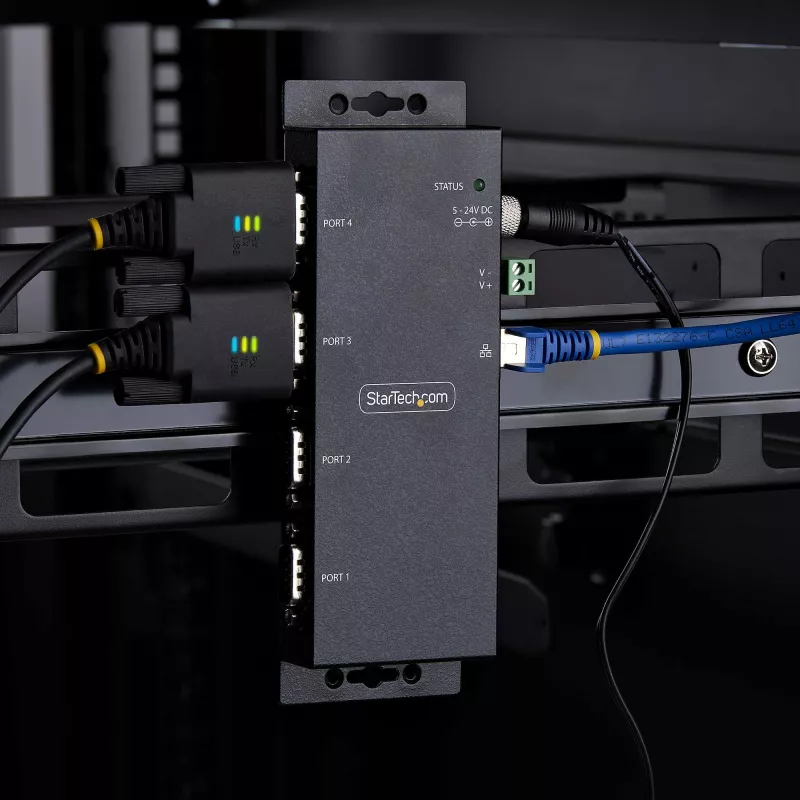 StarTech.com 4 portu seriālais–Ethernet adapteris, IP seriālo ierīču serveris attālām RS232 ierīcēm, montējams pie sienas/DIN sliedes, metāla korpuss, RJ45 LAN–DB9 seriālais pārveidotājs