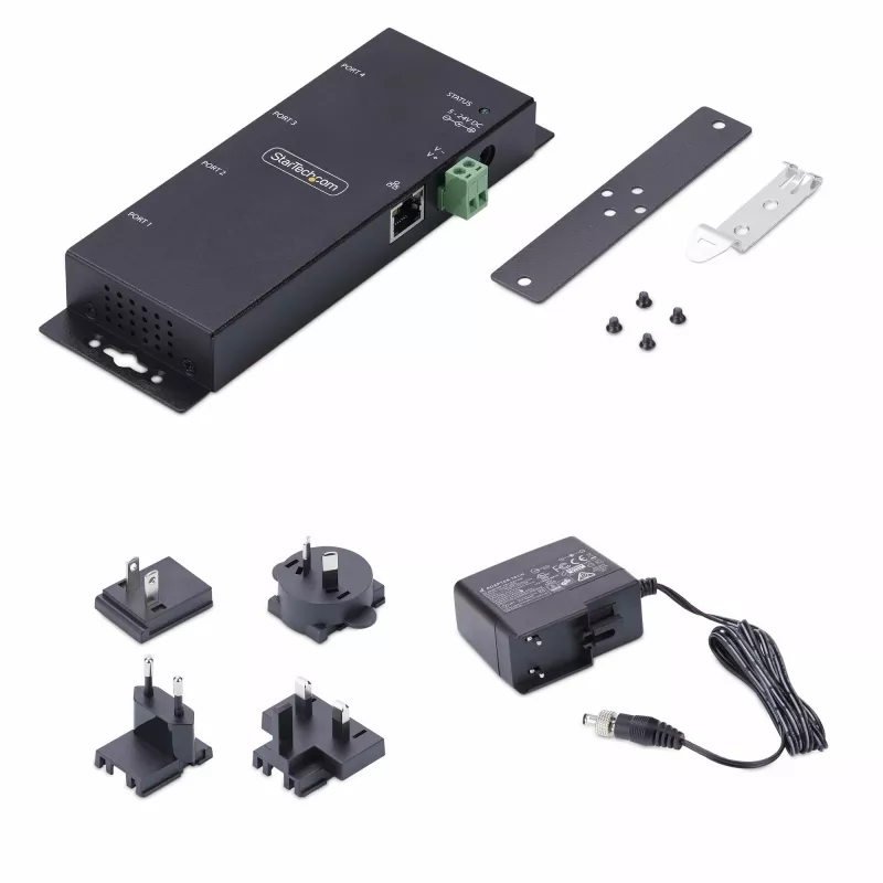 StarTech.com 4 portu seriālais–Ethernet adapteris, IP seriālo ierīču serveris attālām RS232 ierīcēm, montējams pie sienas/DIN sliedes, metāla korpuss, RJ45 LAN–DB9 seriālais pārveidotājs