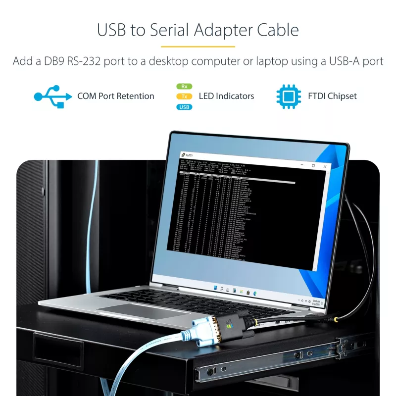 StarTech.com 2 m USB–RS-232 sērijas adaptera kabelis, COM saglabāšana, maināmas skrūves/uzgriežņi, USB-A uz DB9 RS232, FTDI IC, ESD aizsardzība, Windows/macOS/Linux