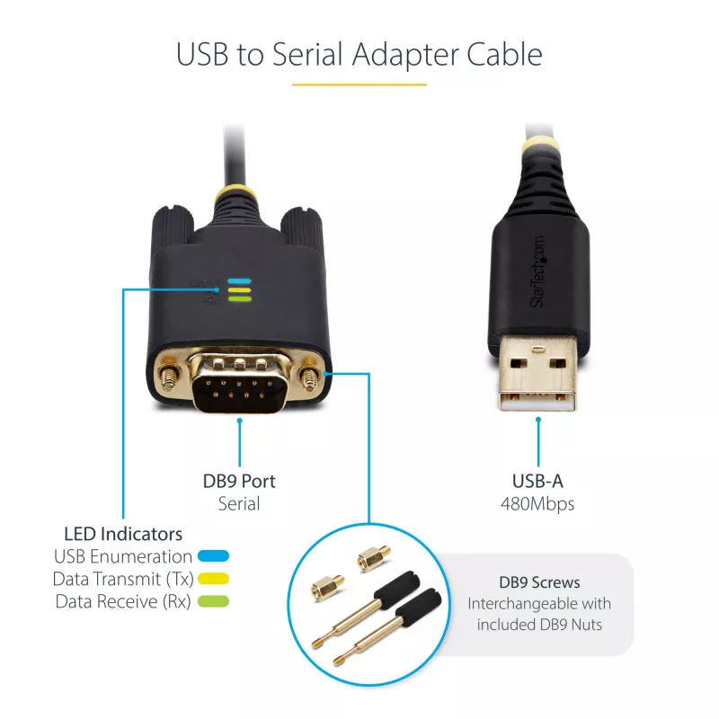 StarTech.com 2 m USB–RS-232 sērijas adaptera kabelis, COM saglabāšana, maināmas skrūves/uzgriežņi, USB-A uz DB9 RS232, FTDI IC, ESD aizsardzība, Windows/macOS/Linux