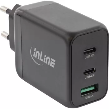 InLine USB PD barošanas bloks, GaN lādētājs, 3 pieslēgvietas, Dual USB-C + USB-A, 65W