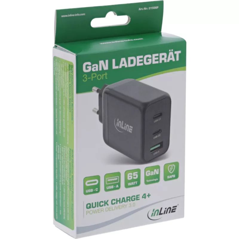 InLine USB PD barošanas bloks, GaN lādētājs, 3 pieslēgvietas, Dual USB-C + USB-A, 65W