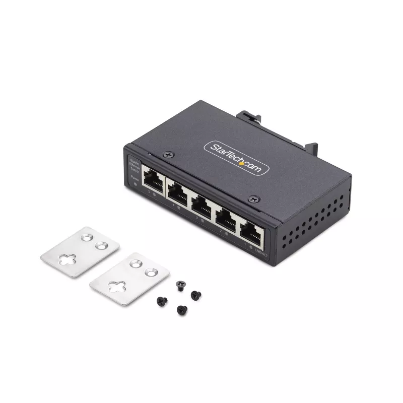 StarTech.com 5-Portu Nepārvaldāms Industriālais Tīkla Slēdzis, 100/1000 Ethernet, DIN Sliedes/Sienas Stiprināms, Izturīgs IP30 Gigabit Slēdzis, -40F-167F, 9~60V DC, TAA Atbilstošs