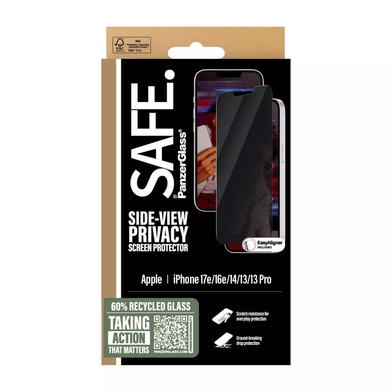 PanzerGlass SAFE. by ® Privātuma ekrāna aizsargs iPhone 17e | 16e | 14 | 13 | 13 Pro | Ultra-Wide Fit ar EasyAligner