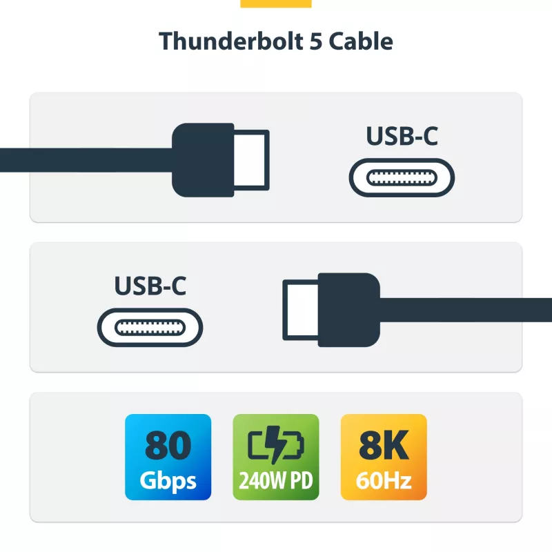 StarTech.com 1.5ft (50cm) Thunderbolt 5 kabelis, 80Gbps/Līdz 120Gbps, 240W PD, 8K 60Hz, sertificēts Thunderbolt kabelis - saderīgs ar Thunderbolt 4/USB4/USB-C