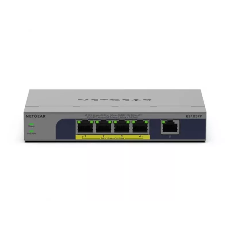 NETGEAR GS105PP Nevadāms Gigabit Ethernet (10/100/1000) Power over Ethernet (PoE) Darbvirsmas/Pie sienas montējams Pelēks