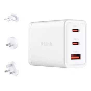 AC Indoor Charger D-Link DCP-651 — 65 W GaN, 2x USB‑C, Universāla saderība, 90–264 V, Balts
