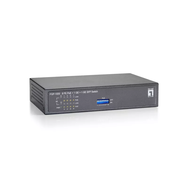 LevelOne 10 portu Fast Ethernet PoE slēdzis, 1 x Gigabit RJ45, 1 x Gigabit SFP, 8 PoE izejas, 120 W