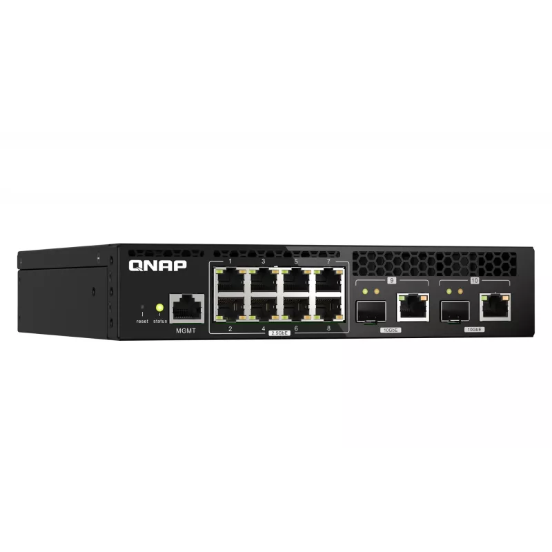 QNAP QSW-M2108R-2C pārvaldāms L2 slēdzis, 8 x 2,5GbE + 2 x 10GbE SFP+/RJ-45 kombinētie porti, pusplatuma, uzstādāms statnē