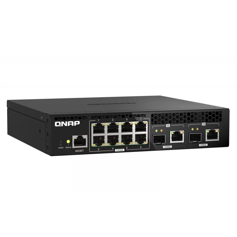 QNAP QSW-M2108R-2C pārvaldāms L2 slēdzis, 8 x 2,5GbE + 2 x 10GbE SFP+/RJ-45 kombinētie porti, pusplatuma, uzstādāms statnē