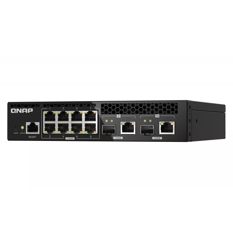 QNAP QSW-M2108R-2C pārvaldāms L2 slēdzis, 8 x 2,5GbE + 2 x 10GbE SFP+/RJ-45 kombinētie porti, pusplatuma, uzstādāms statnē