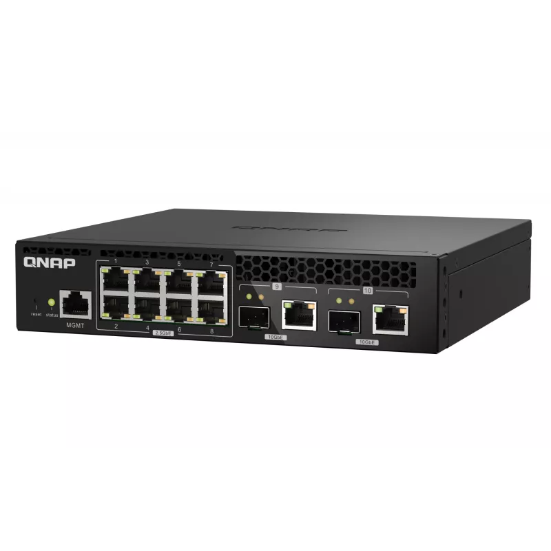 QNAP QSW-M2108R-2C pārvaldāms L2 slēdzis, 8 x 2,5GbE + 2 x 10GbE SFP+/RJ-45 kombinētie porti, pusplatuma, uzstādāms statnē