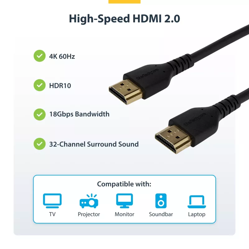 StarTech.com 1,5 m plāns HDMI 2.0 kabelis, elastīgs Premium sertificēts HDMI vads ar Ethernet, UHD 4K 60Hz HDR10, izturīgs aramīda šķiedras dizains ar TPE apvalku