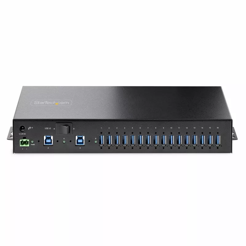 StarTech.com 16 portu industriālais USB 5 Gbps centrmezgls ar barošanas adapteri, metāla korpuss, montējams, ESD aizsardzība, termināla bloka barošana, USB uzlāde, divu resursdatoru pārslēgs - TAA