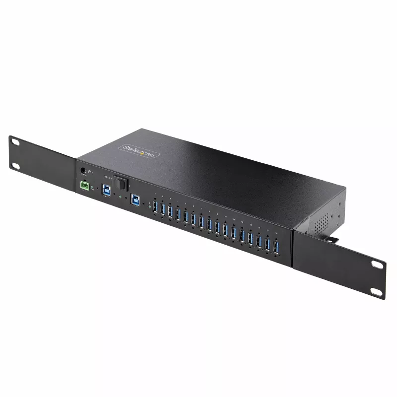 StarTech.com 16 portu industriālais USB 5 Gbps centrmezgls ar barošanas adapteri, metāla korpuss, montējams, ESD aizsardzība, termināla bloka barošana, USB uzlāde, divu resursdatoru pārslēgs - TAA