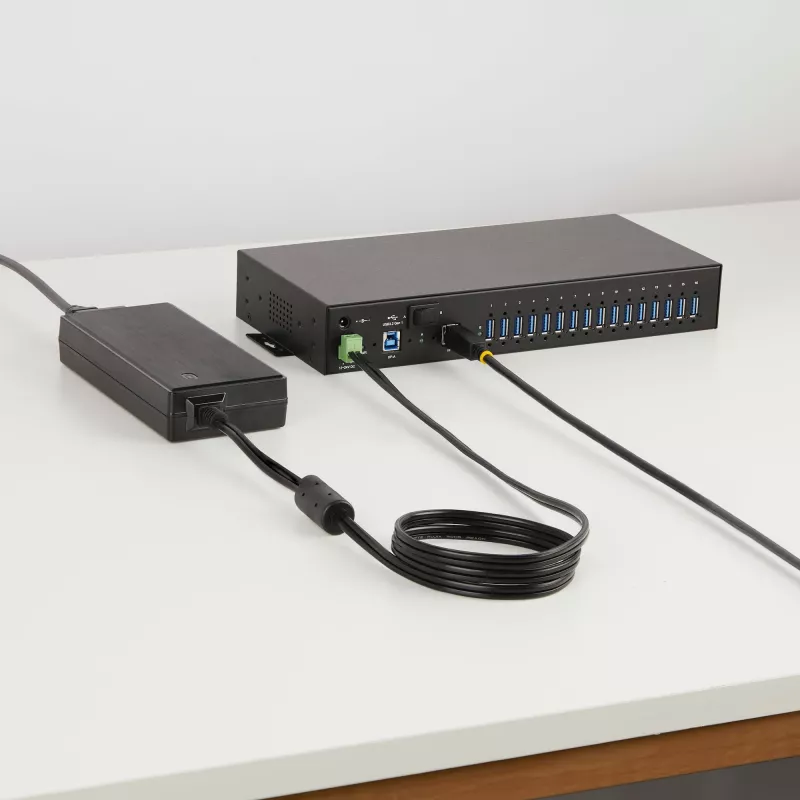 StarTech.com 16 portu industriālais USB 5 Gbps centrmezgls ar barošanas adapteri, metāla korpuss, montējams, ESD aizsardzība, termināla bloka barošana, USB uzlāde, divu resursdatoru pārslēgs - TAA