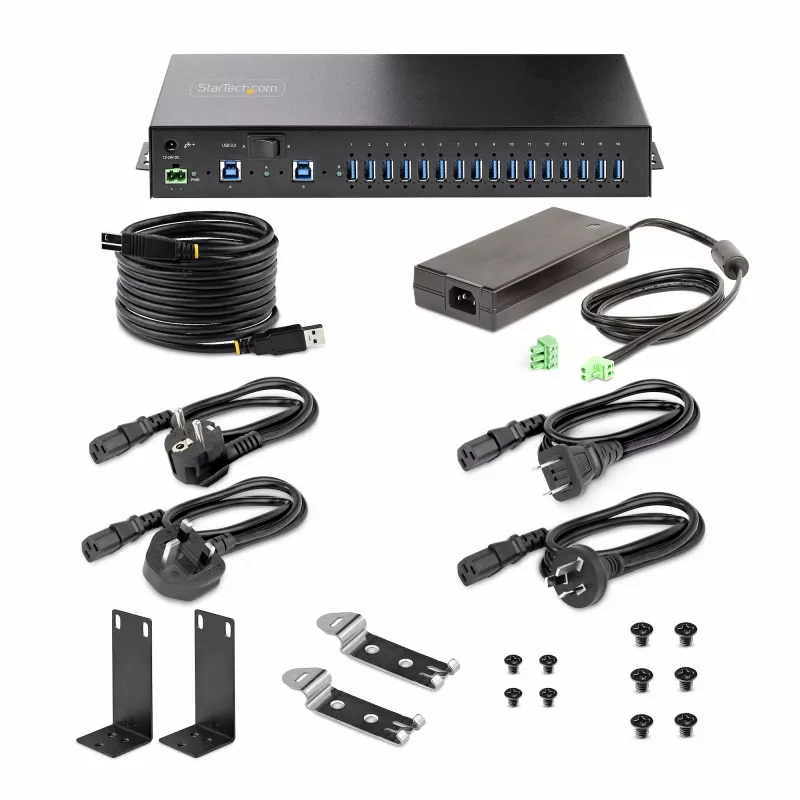 StarTech.com 16 portu industriālais USB 5 Gbps centrmezgls ar barošanas adapteri, metāla korpuss, montējams, ESD aizsardzība, termināla bloka barošana, USB uzlāde, divu resursdatoru pārslēgs - TAA