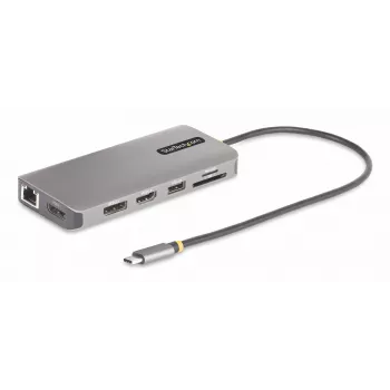 StarTech.com USB-C trīs monitoru multiportu adapteris, divi 4K 60Hz + 4K 30Hz HDMI un DisplayPort, 4 portu USB centrmezgls, 100W PD caurlaide, GbE, SD/MicroSD karšu lasītāji