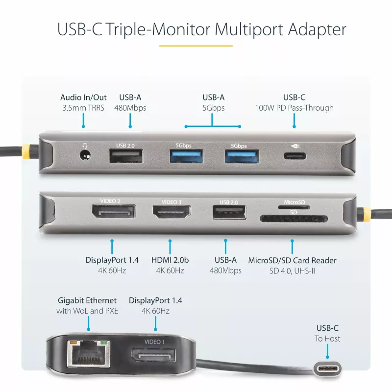 StarTech.com USB-C trīs monitoru multiportu adapteris, divi 4K 60Hz + 4K 30Hz HDMI un DisplayPort, 4 portu USB centrmezgls, 100W PD caurlaide, GbE, SD/MicroSD karšu lasītāji