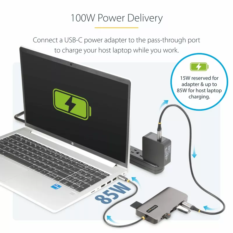 StarTech.com USB-C trīs monitoru multiportu adapteris, divi 4K 60Hz + 4K 30Hz HDMI un DisplayPort, 4 portu USB centrmezgls, 100W PD caurlaide, GbE, SD/MicroSD karšu lasītāji