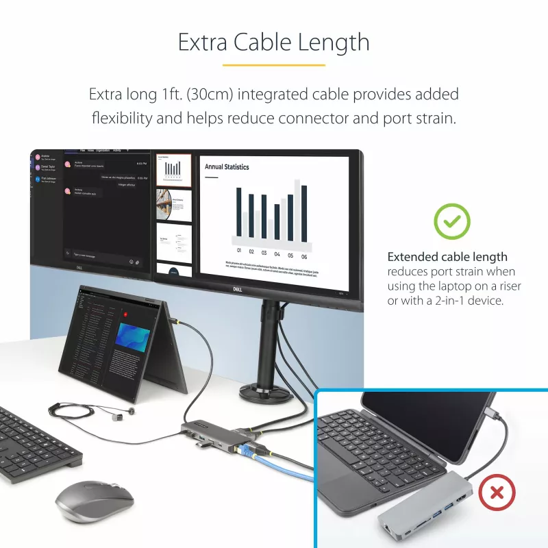 StarTech.com USB-C trīs monitoru multiportu adapteris, divi 4K 60Hz + 4K 30Hz HDMI un DisplayPort, 4 portu USB centrmezgls, 100W PD caurlaide, GbE, SD/MicroSD karšu lasītāji
