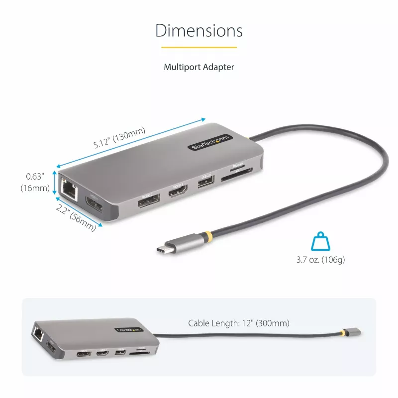 StarTech.com USB-C trīs monitoru multiportu adapteris, divi 4K 60Hz + 4K 30Hz HDMI un DisplayPort, 4 portu USB centrmezgls, 100W PD caurlaide, GbE, SD/MicroSD karšu lasītāji