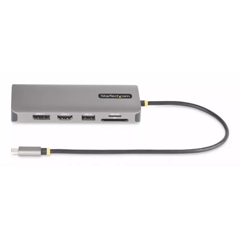 StarTech.com USB-C trīs monitoru multiportu adapteris, divi 4K 60Hz + 4K 30Hz HDMI un DisplayPort, 4 portu USB centrmezgls, 100W PD caurlaide, GbE, SD/MicroSD karšu lasītāji