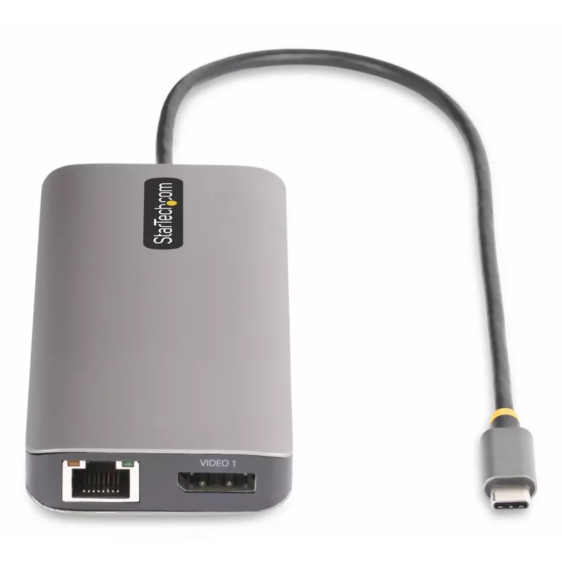 StarTech.com USB-C trīs monitoru multiportu adapteris, divi 4K 60Hz + 4K 30Hz HDMI un DisplayPort, 4 portu USB centrmezgls, 100W PD caurlaide, GbE, SD/MicroSD karšu lasītāji