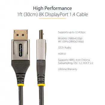 StarTech.com 1 pēda (30 cm) DisplayPort 1.4 kabelis — 8K 60 Hz HDR10 — Ultra HD 4K 120 Hz video — DP 1.4 kabelis/vads — monitoriem/displejiem — DisplayPort uz DisplayPort kabelis — vīr./vīr.