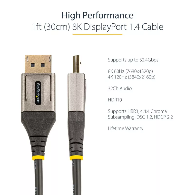 StarTech.com 1 pēda (30 cm) DisplayPort 1.4 kabelis — 8K 60 Hz HDR10 — Ultra HD 4K 120 Hz video — DP 1.4 kabelis/vads — monitoriem/displejiem — DisplayPort uz DisplayPort kabelis — vīr./vīr.
