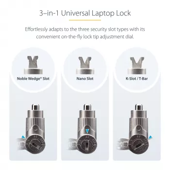 StarTech.com 3-in-1 Universal Laptop Lock 6.6ft (2m), Master Keyed Locking kabelis, Computer Security, Saderīga w/Noble Wedge®/Nano/K-Slot; Anti-Theft Cut-Resistant kabelis