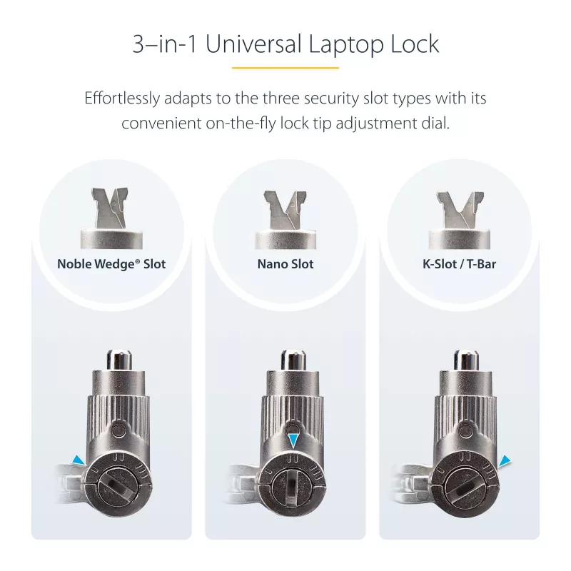 StarTech.com 3-in-1 Universal Laptop Lock 6.6ft (2m), Master Keyed Locking kabelis, Computer Security, Saderīga w/Noble Wedge®/Nano/K-Slot; Anti-Theft Cut-Resistant kabelis