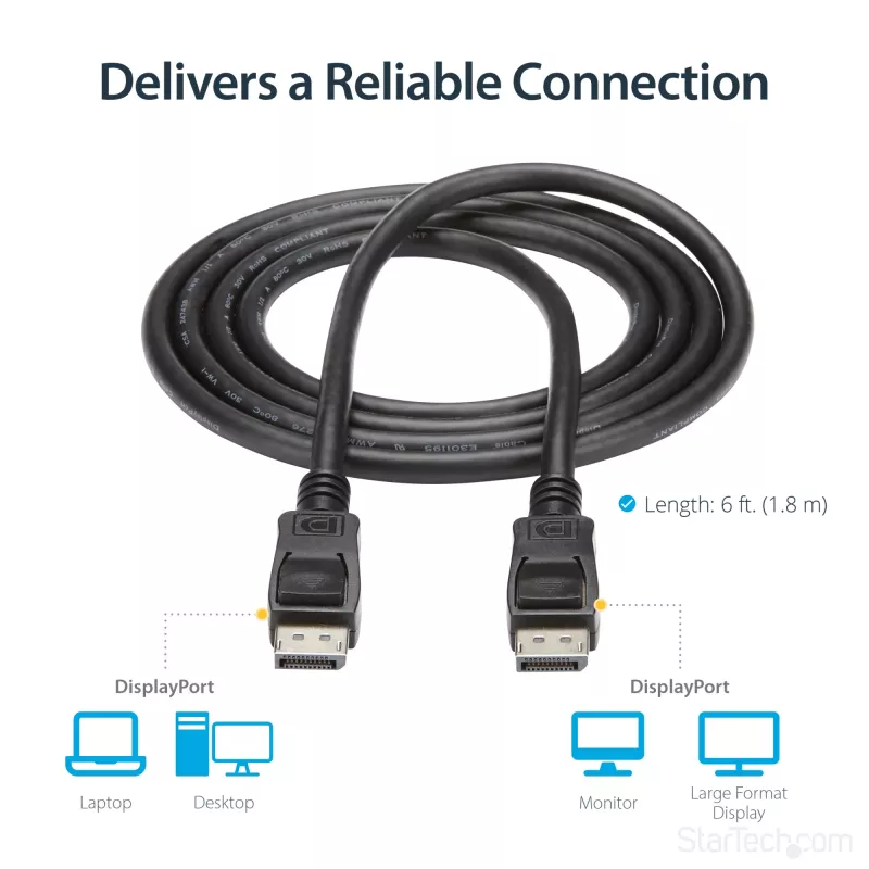 StarTech.com 6ft (2m) DisplayPort 1.2 kabelis - 4K x 2K Ultra HD VESA sertificēts DisplayPort kabelis - DP uz DP kabelis monitoram - DP video/displeja vads - fiksējošie DP savienotāji