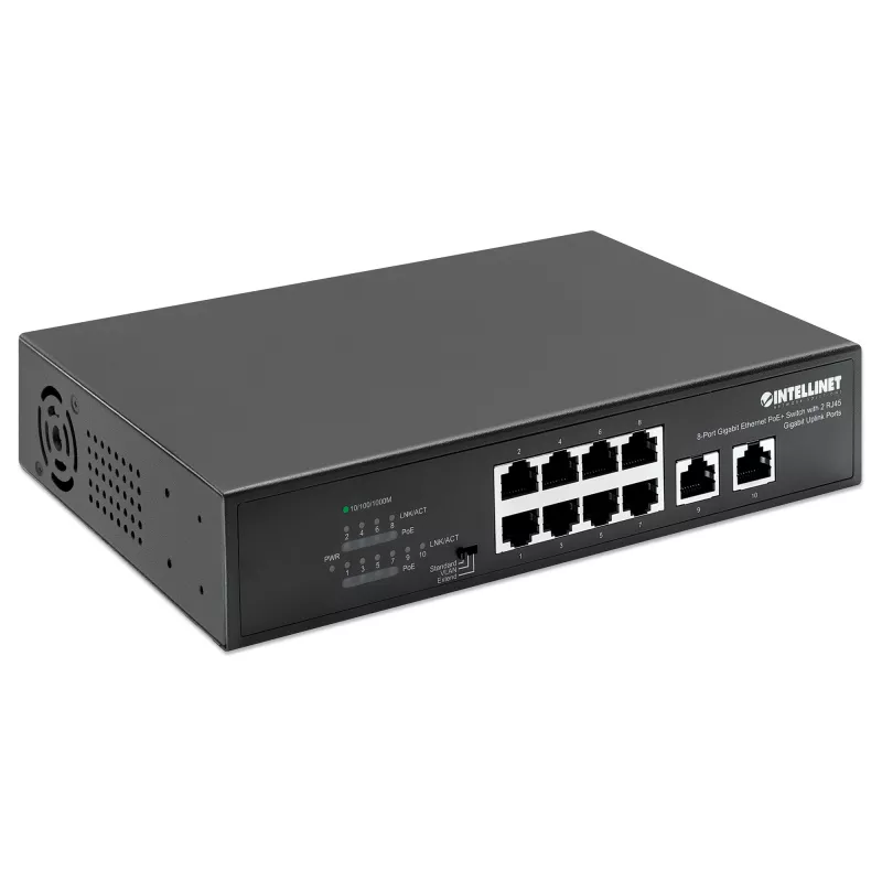 Intellinet 8 portu gigabitu Ethernet PoE+ slēdzis 120 W, 2 augšupsaites porti