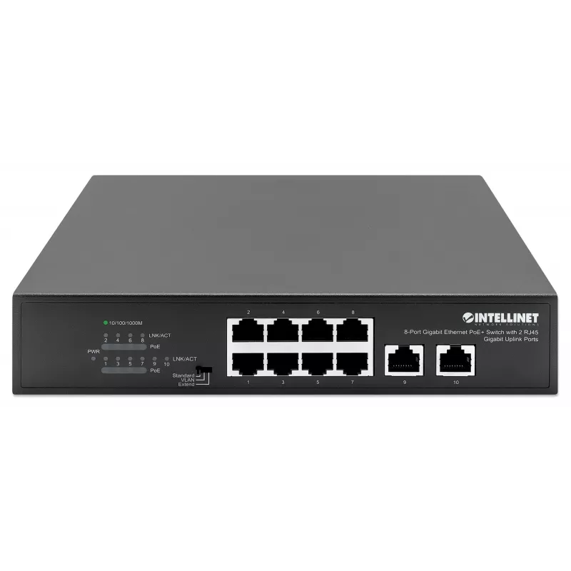 Intellinet 8 portu gigabitu Ethernet PoE+ slēdzis 120 W, 2 augšupsaites porti