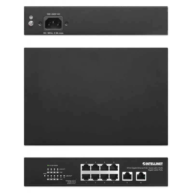 Intellinet 8 portu gigabitu Ethernet PoE+ slēdzis 120 W, 2 augšupsaites porti