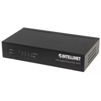 Intellinet 5‑portu gigabitu Ethernet PoE+ komutators, 4 PSE porti, atbilst IEEE 802.3at/af Power over Ethernet (PoE+/PoE) standartiem, 60 W, darbvirsmas