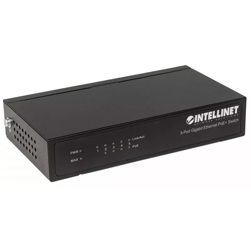Intellinet 5‑portu gigabitu Ethernet PoE+ komutators, 4 PSE porti, atbilst IEEE 802.3at/af Power over Ethernet (PoE+/PoE) standartiem, 60 W, darbvirsmas