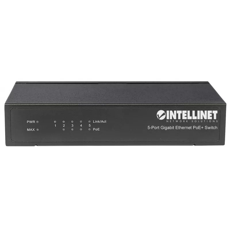 Intellinet 5‑portu gigabitu Ethernet PoE+ komutators, 4 PSE porti, atbilst IEEE 802.3at/af Power over Ethernet (PoE+/PoE) standartiem, 60 W, darbvirsmas