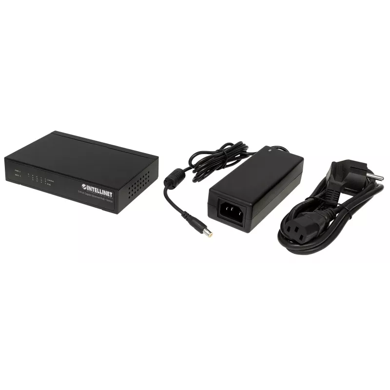 Intellinet 5‑portu gigabitu Ethernet PoE+ komutators, 4 PSE porti, atbilst IEEE 802.3at/af Power over Ethernet (PoE+/PoE) standartiem, 60 W, darbvirsmas