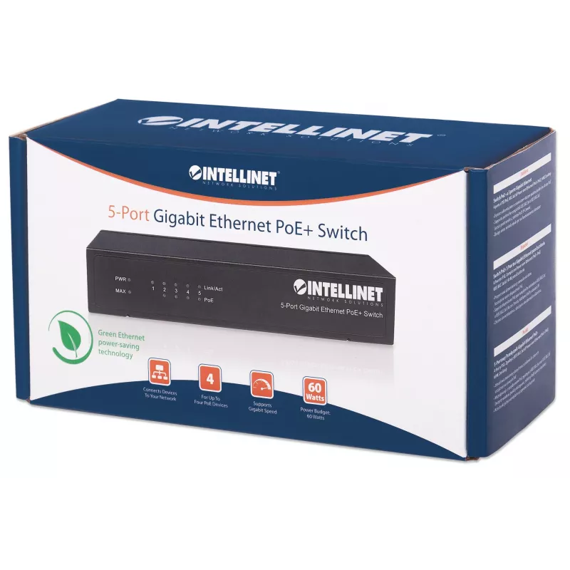 Intellinet 5‑portu gigabitu Ethernet PoE+ komutators, 4 PSE porti, atbilst IEEE 802.3at/af Power over Ethernet (PoE+/PoE) standartiem, 60 W, darbvirsmas