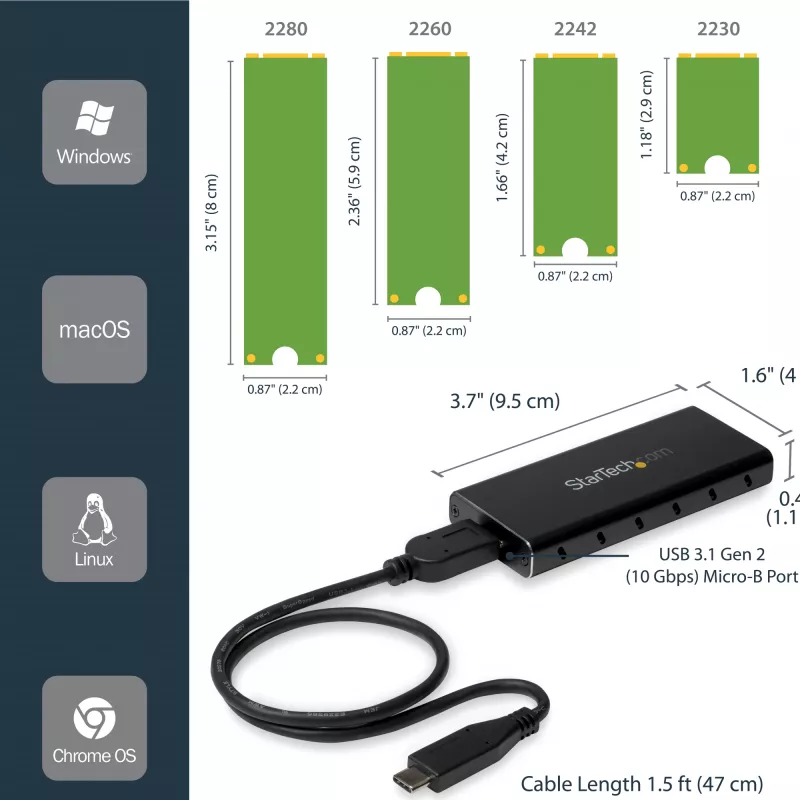 StarTech.com M.2 SSD korpuss M.2 SATA SSD diskiem — USB 3.1 (10 Gbps) ar USB-C kabeli