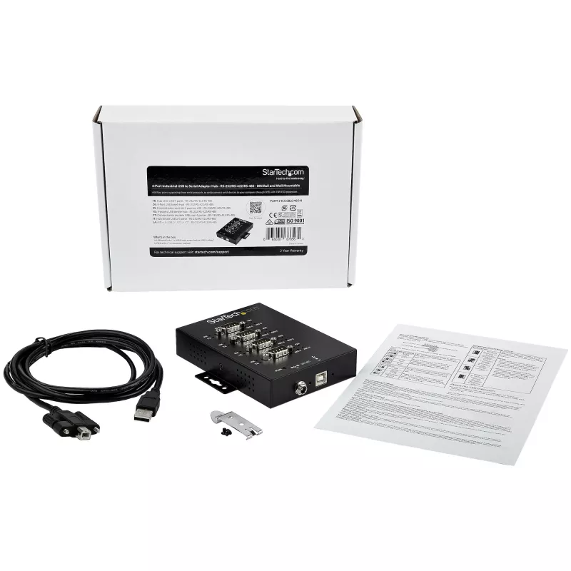 StarTech.com 4 portu seriālais centrmezgls, USB uz RS232/RS485/RS422 adapteris - Rūpniecisks USB 2.0 uz DB9 seriālais pārveidotāja centrmezgls - IP30 klase - Uz DIN sliedes montējams metāla seriālais centrmezgls - 15kV ESD aizsardzība