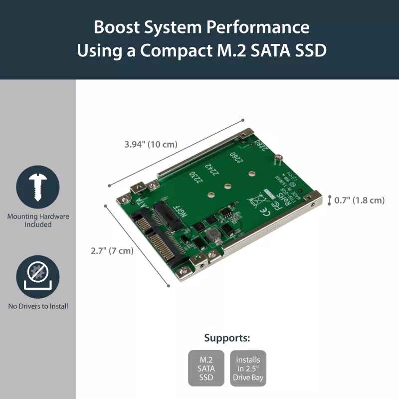 StarTech.com M.2 SATA SSD uz 2,5 collu SATA adapteris - M.2 NGFF uz SATA pārveidotājs - 7 mm - atvērtā rāmja kronšteins - M2 cietā diska adapteris
