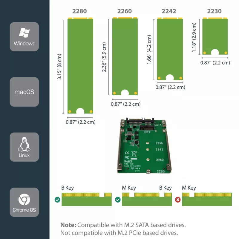 StarTech.com M.2 SATA SSD uz 2,5 collu SATA adapteris - M.2 NGFF uz SATA pārveidotājs - 7 mm - atvērtā rāmja kronšteins - M2 cietā diska adapteris
