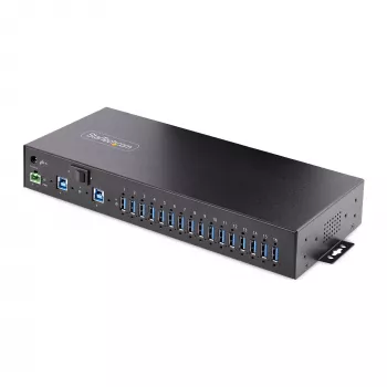 StarTech.com 16 pieslēgvietu rūpnieciskais USB 3.0 centrmezgls 5 Gbps, metāla, DIN/virsmas/statņa stiprināms, ESD aizsardzība, spaiļu bloka barošana, līdz 120 W koplietota USB uzlāde, divu resursdatoru centrmezgls/slēdzis