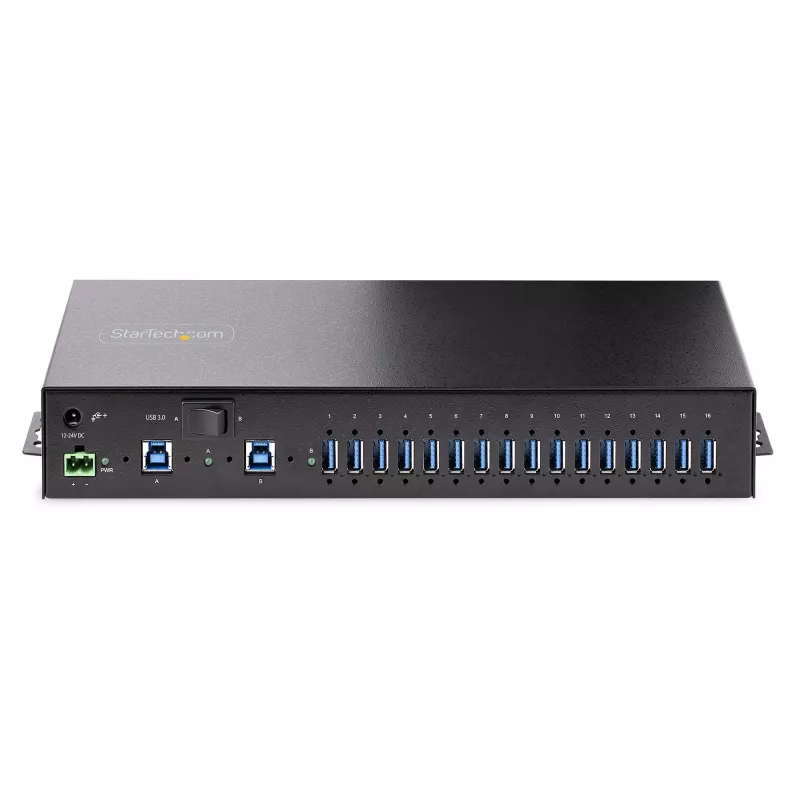 StarTech.com 16 pieslēgvietu rūpnieciskais USB 3.0 centrmezgls 5 Gbps, metāla, DIN/virsmas/statņa stiprināms, ESD aizsardzība, spaiļu bloka barošana, līdz 120 W koplietota USB uzlāde, divu resursdatoru centrmezgls/slēdzis