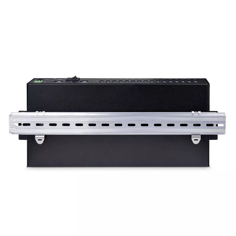 StarTech.com 16 pieslēgvietu rūpnieciskais USB 3.0 centrmezgls 5 Gbps, metāla, DIN/virsmas/statņa stiprināms, ESD aizsardzība, spaiļu bloka barošana, līdz 120 W koplietota USB uzlāde, divu resursdatoru centrmezgls/slēdzis