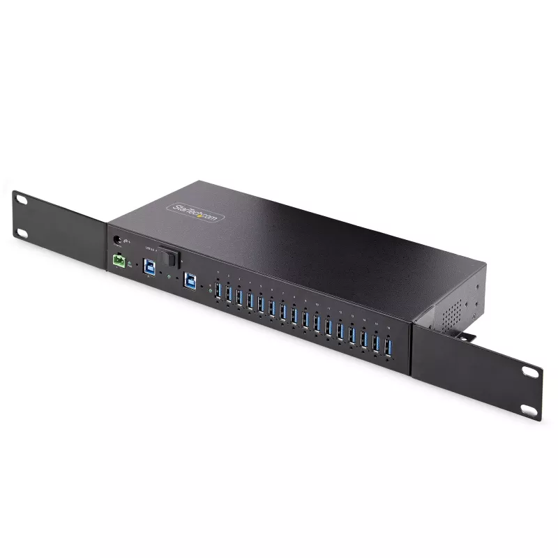 StarTech.com 16 pieslēgvietu rūpnieciskais USB 3.0 centrmezgls 5 Gbps, metāla, DIN/virsmas/statņa stiprināms, ESD aizsardzība, spaiļu bloka barošana, līdz 120 W koplietota USB uzlāde, divu resursdatoru centrmezgls/slēdzis